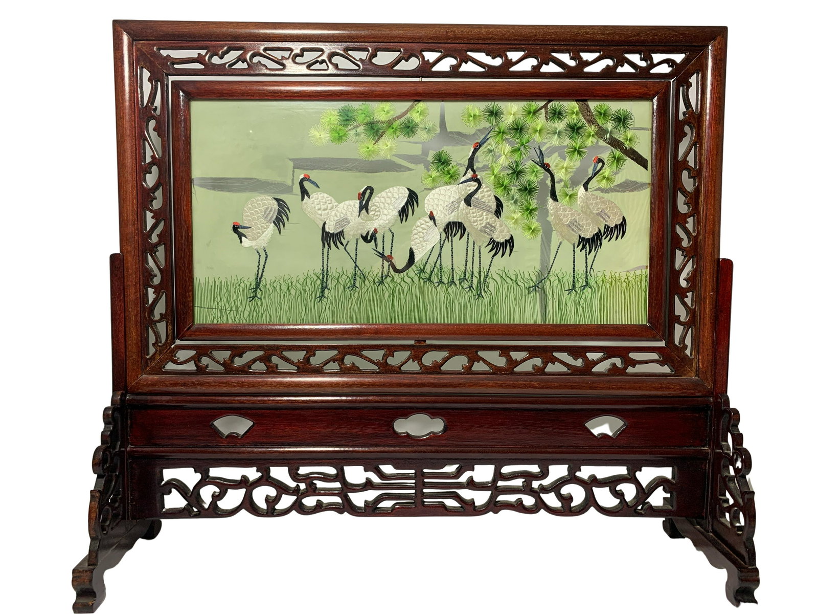 A Chinese Silk Embroidered Wood Table Screen (1 of 2)