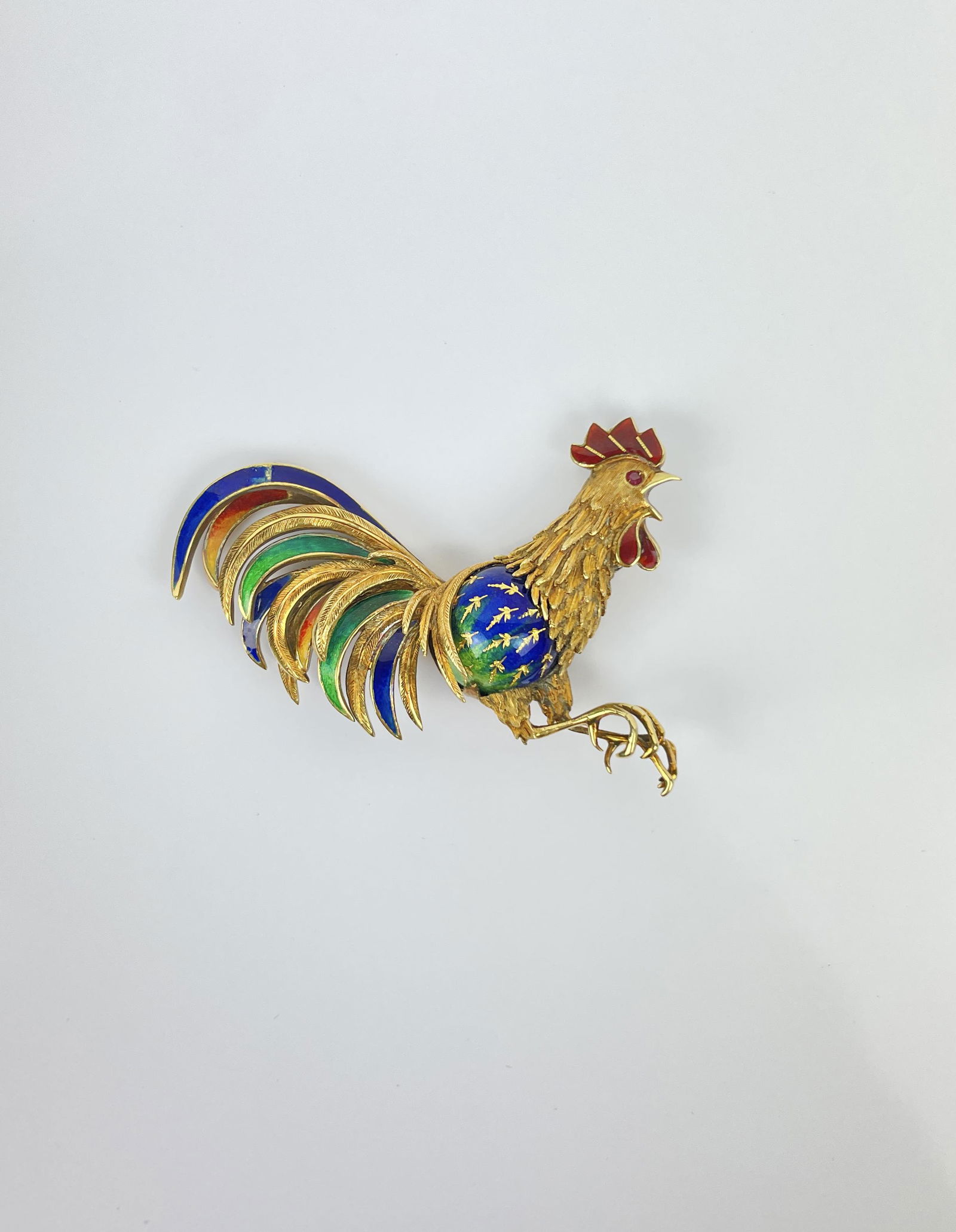 A Vintage 18k Gold Enamel Ruby Rooster Brooch Pin (1 of 11)