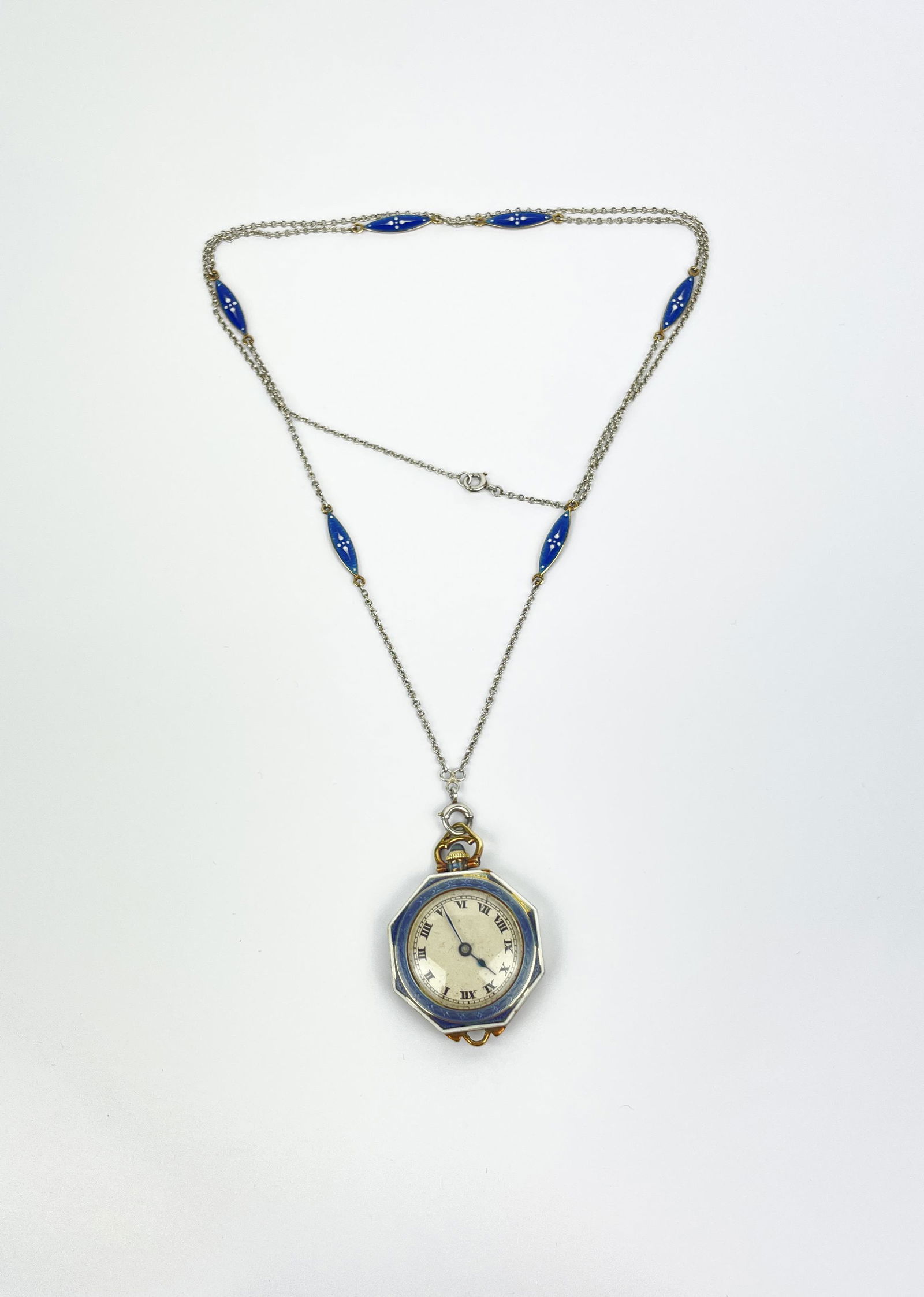 An Edwardian 14k Gold Guilloche Enamel Pocket Watch Necklace (1 of 15)