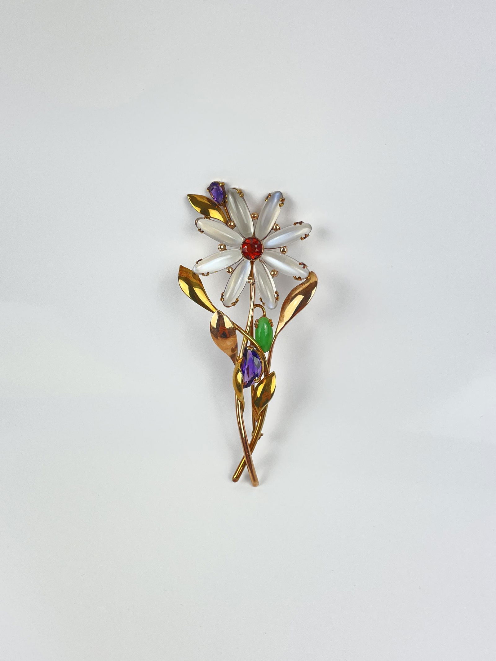 A Retro 14k Gold Moonstone Jade Amethyst Flower Brooch Pin (1 of 16)