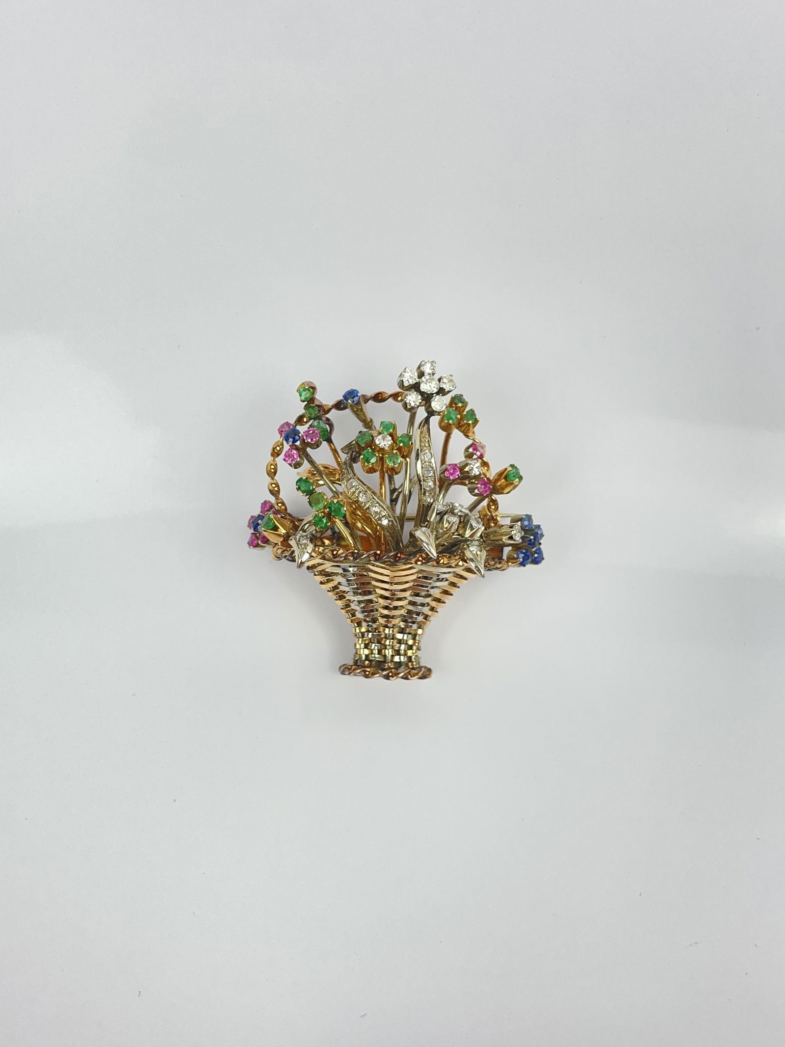 A Vintage 18k Gold Diamond Sapphire Emerald Flower Basket Brooch (1 of 13)