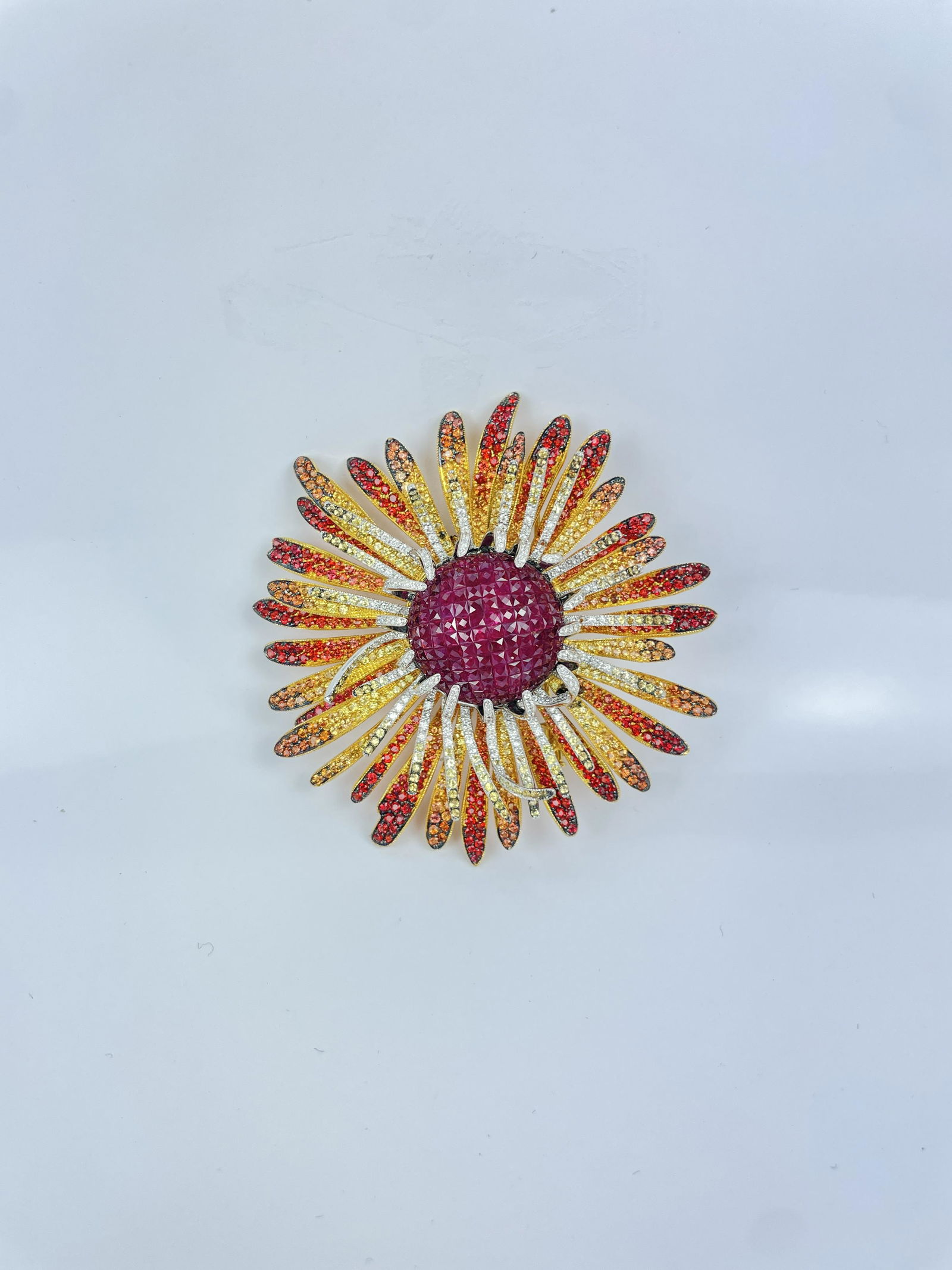 An Excellent 18K Gold SunBurst Ruby Diamond Sapphire Pendant Brooch (1 of 15)