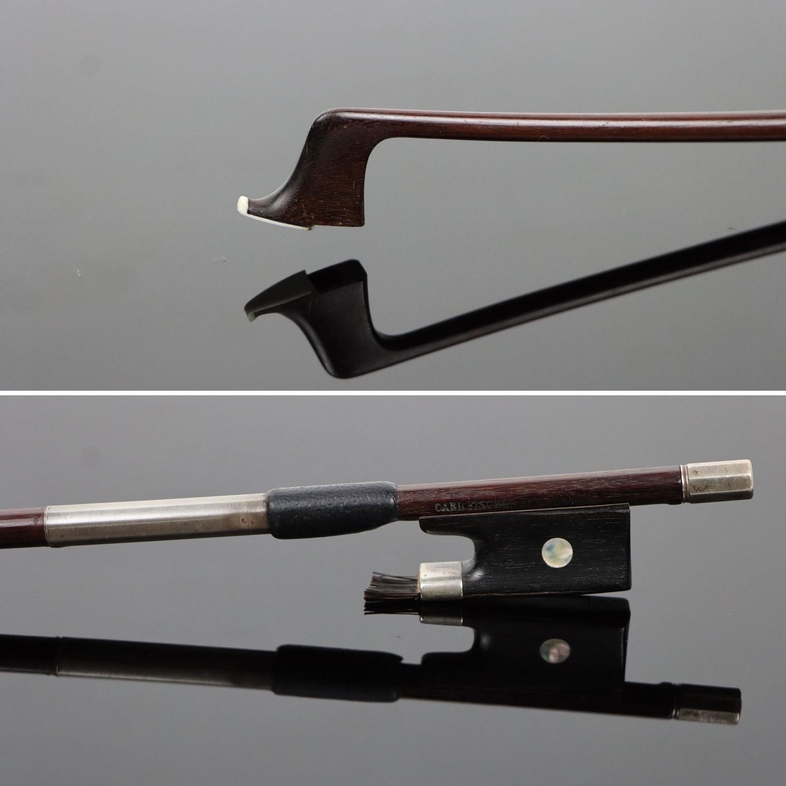 A Silver Mounted CARL FISCHER New York Violin Bow: A Silver Mounted CARL FISCHER New York Violin Bow of Round Pernambuco Wood Stick, Silver & Ebony Mounted. Stamped: CARL FISCHER NEW YORK Provenance: Property of A Gentleman, Longstanding Expert and R