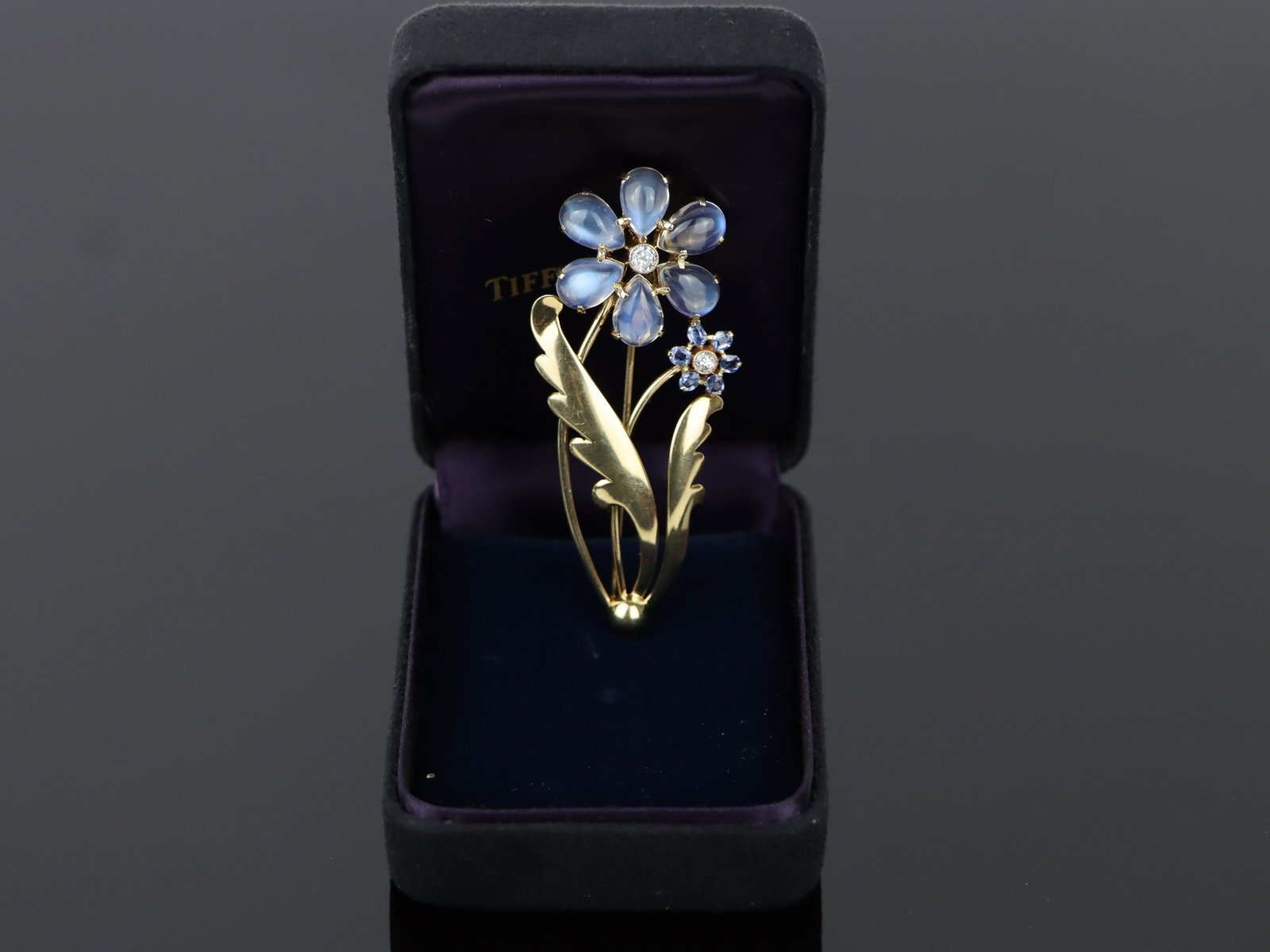 Vintage Tiffany & Co. Moonstone and Sapphire Flower Brooch Pin (1 of 19)