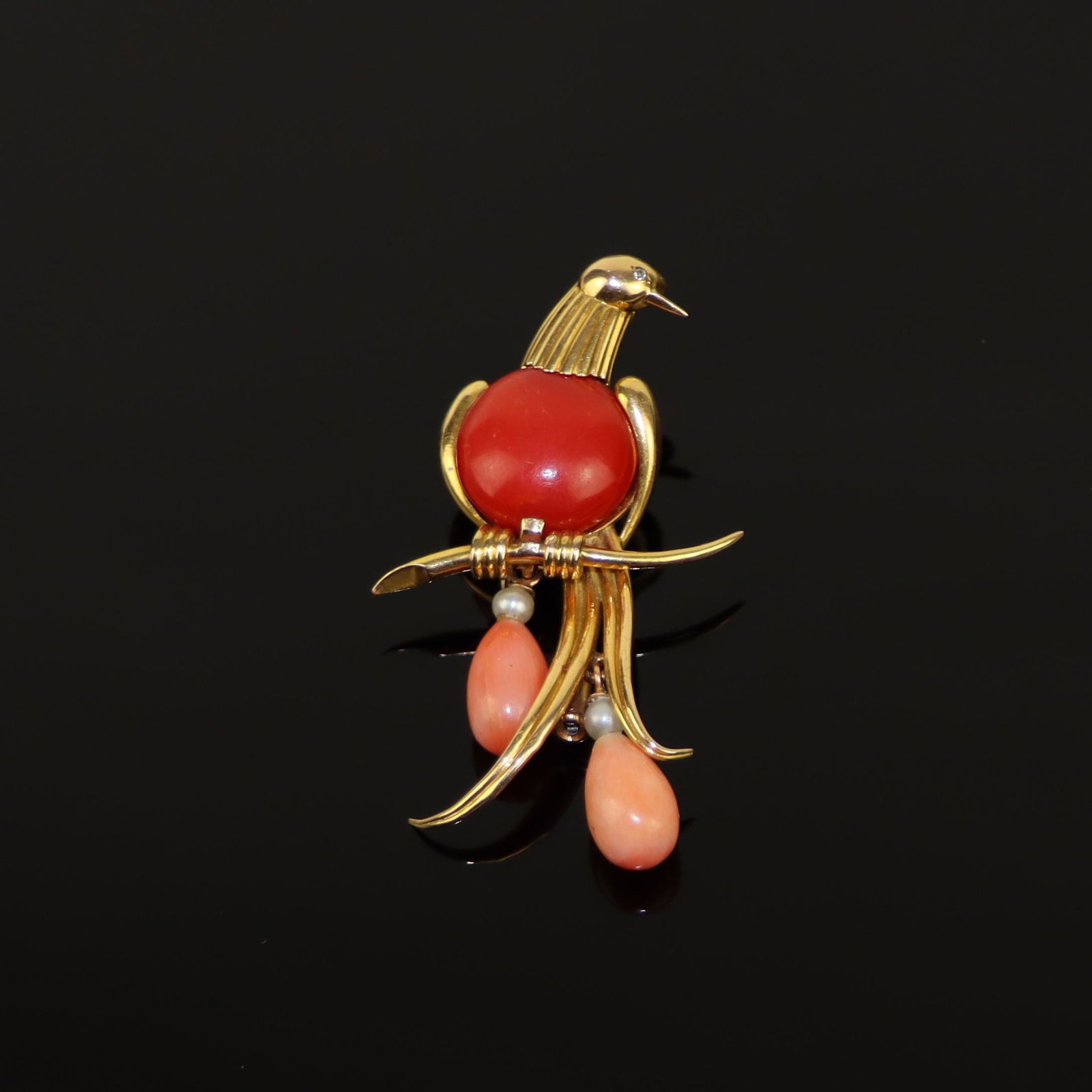 14K Gold Coral Bird Brooch Pin (1 of 13)