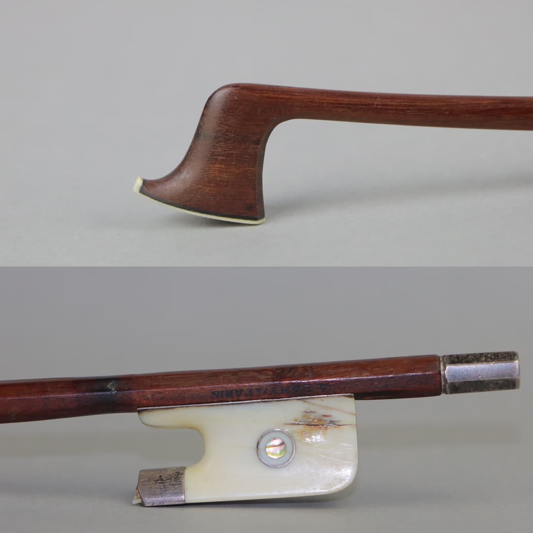 A Strong Silver A. LAMY A PARIS Violin Bow: A Strong Silver A. LAMY A PARIS Violin Bow Of Round Pernambuco Stick, Strong, Bone & Silver Mounted. Stamped: A. LAMY A PARIS Approximate Dimensions: 74.4 cm (Total Bow Length - Head to End) 53.9 gram