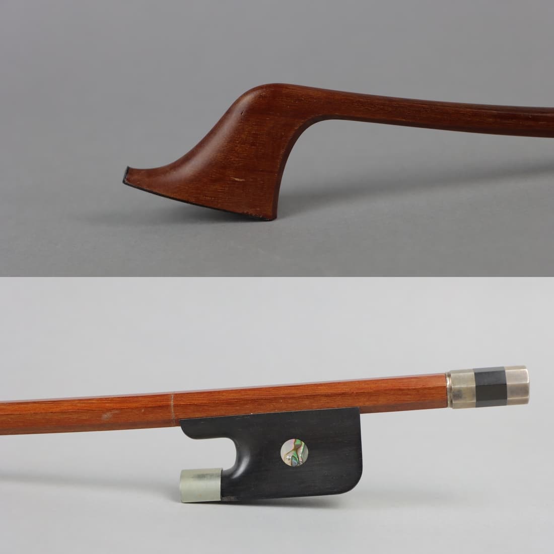 A French Style Silver Bass Bow: A French Style Silver Bass Bow Of Round Pernambuco Stick, Ebony & Silver Mounted. Provenance: Property of A Retired Luthier. Approximate Dimensions: 69 cm (Total Bow Length - Head to End) x 105.4 gram