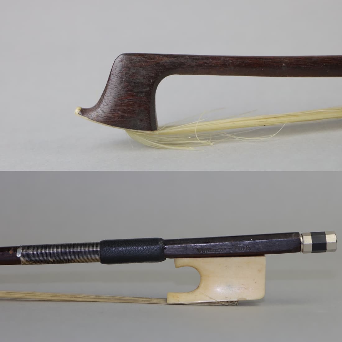 A Violin Bow Stamped Vuillaume a Paris: A Violin Bow Stamped Vuillaume a Paris Of Round Stick, Bone Frog and Later Adjustor. Stamped: Vuillaume a Paris Approximate Dimensions: 72.2 cm (Total Bow Length - Head to End) r54 grams in weight Add