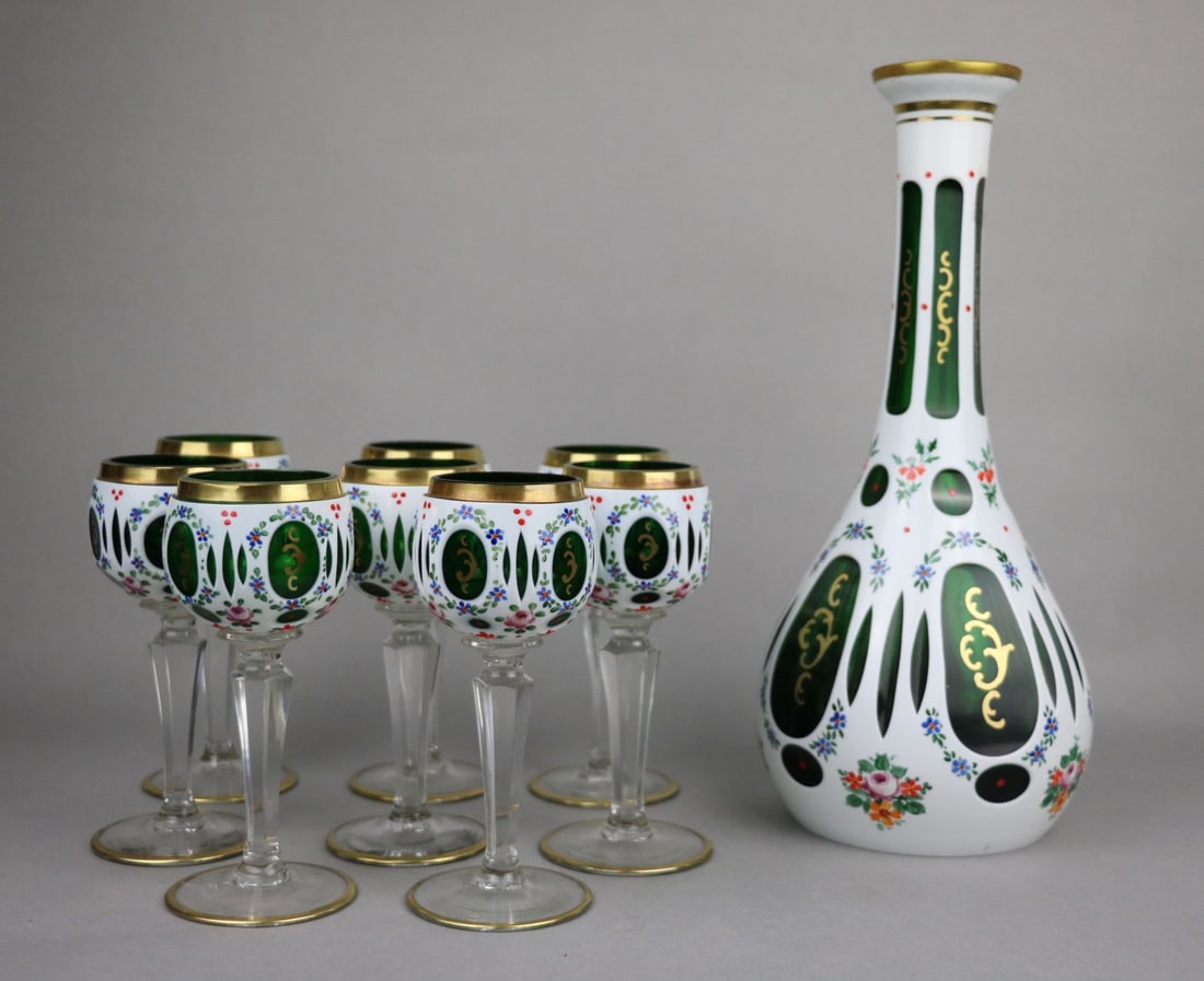 Bohemian White Green Cased Cut Glass Decanter & Goblets (1 of 19)