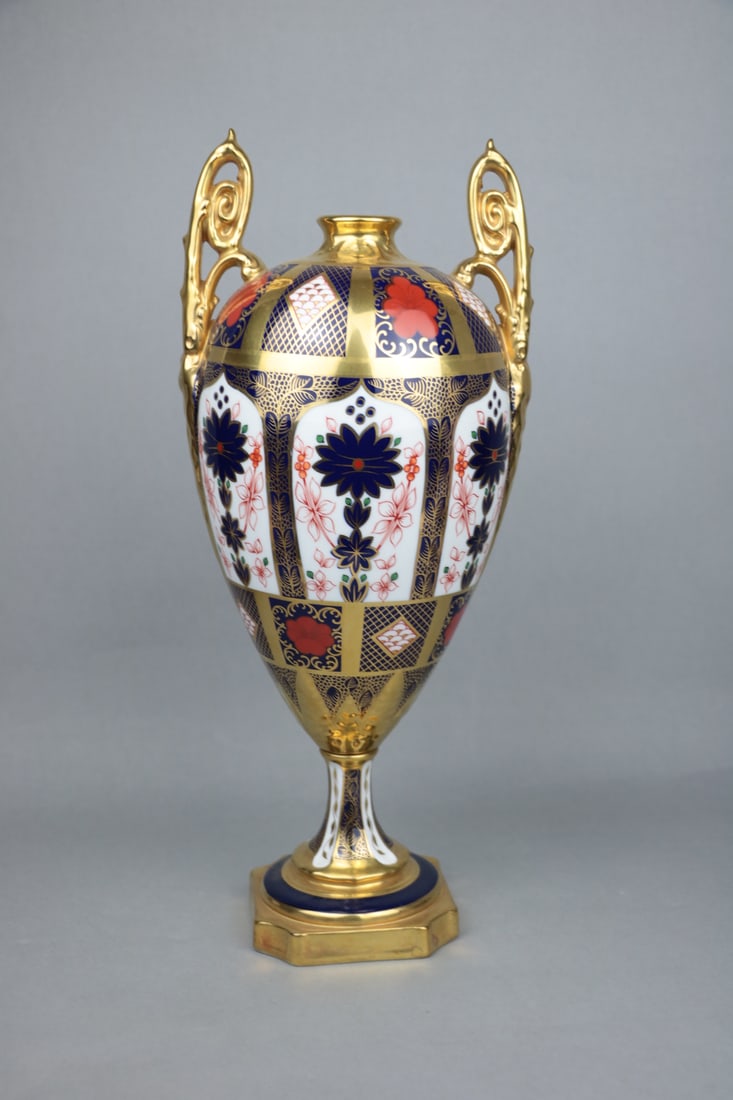 Royal Crown Derby English Bone China Hand Painted Porcelain Amphora Vase: Royal Crown Derby English Bone China Hand Painted Porcelain Amphora Vase Approximate Dimensions: 14 inches (Height) x 6 inches (Width) x 3.75 inches (Base Width) x 0.75 inches (Lip Diameter)