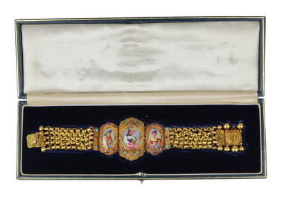 Antique Schvitz Berne Grisons 18K Gold Gem set Portrait Bracelet: Antique Schvitz Berne Grisons 18K Gold Gem set Portrait Bracelet (3) Miniature Lady Portraits, reverse enameled 'Schvitz, Berne, Grisons', Oval & cushion-shaped rubies, emeralds, amethysts, (4) round