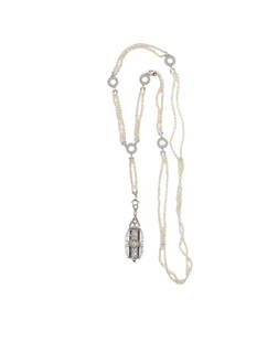 Art Deco GIA Certified Natual Salt Water Pearl Necklace Diamond Watch Fob Pendant: Art Deco GIA Certified Natual Salt Water Pearl Necklace Diamond Watch Fob Pendant Circa: 1920s - Art Deco Period A Fine Double Strand Natural Salt-Water Pearl Necklace mounted with Platinum & Diamond