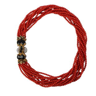 Rare Vintage David Webb Coral and Enamel Necklace: Rare Vintage David Webb Coral and Enamel Necklace Circa 1980s Featuring 12-Strands of Solid "Momo" Orangey-Red Round Coral Beads as well as a textboox Webb example of a substantial 18K Gold claps with