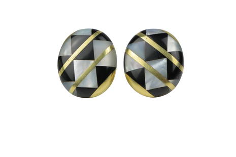 Vintage Tiffany & Co. Angela Cummings 18K Gold Earrings - Large Model: Vintage Tiffany & Co. Angela Cummings 18K Gold Earrings - Large Model Large model example Materials: Solid 18K Gold, Mother of Pearl & Onyx Inlay Approximate Dimensions: 3 cm (Length) x 2.5 cm (Width)