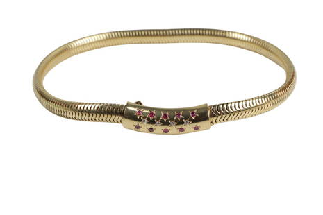 Retro Van Cleef & Arpels Style 14K Gold Tubogas Necklace: Retro Van Cleef & Arpels Style 14K Gold Tubogas Necklace Circa 1940s - Retro Solid 14K Gold Tubogas Necklace with (10) Rubies & (4) Diamonds mounted Pendant clasp. The length and clasp sizing can be a