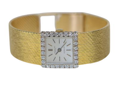 Patek Philippe 18K Gold Diamond Ladies Watch Bracelet: Patek Philippe 18K Gold Diamond Ladies Watch Bracelet White Metal Bezel mounted with (28) Round-Brilliant Diamonds Dial is Stamped: PATEK PHILIPPE GENEVE GUBELIN SWISS In Working Order, bracelet is in