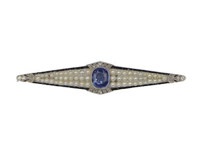 Art Deco Platinum Pearl & Ceylon Unheated Sapphire Brooch Pin AGL Certified: Art Deco Platinum Pearl & Ceylon Unheated Sapphire Brooch Pin AGL Certified Accompanied by AGL Report 1116818 - August 30th, 2021 The report states that the Oval Blue Sapphire is of Ceylon (Sri Lanka)