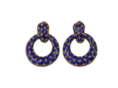 Vintage Lalaounis 18K Gold Enamel Earrings: Vintage Lalaounis Enamel 18K Gold Earrings Solid 18 Karat Gold and applied Blue Enameling. Stamped: LALAOUNIS A.21 750 Approximate Dimensions: 3.8 cm (Length) x 3 cm (width) 22.4 grams in weight