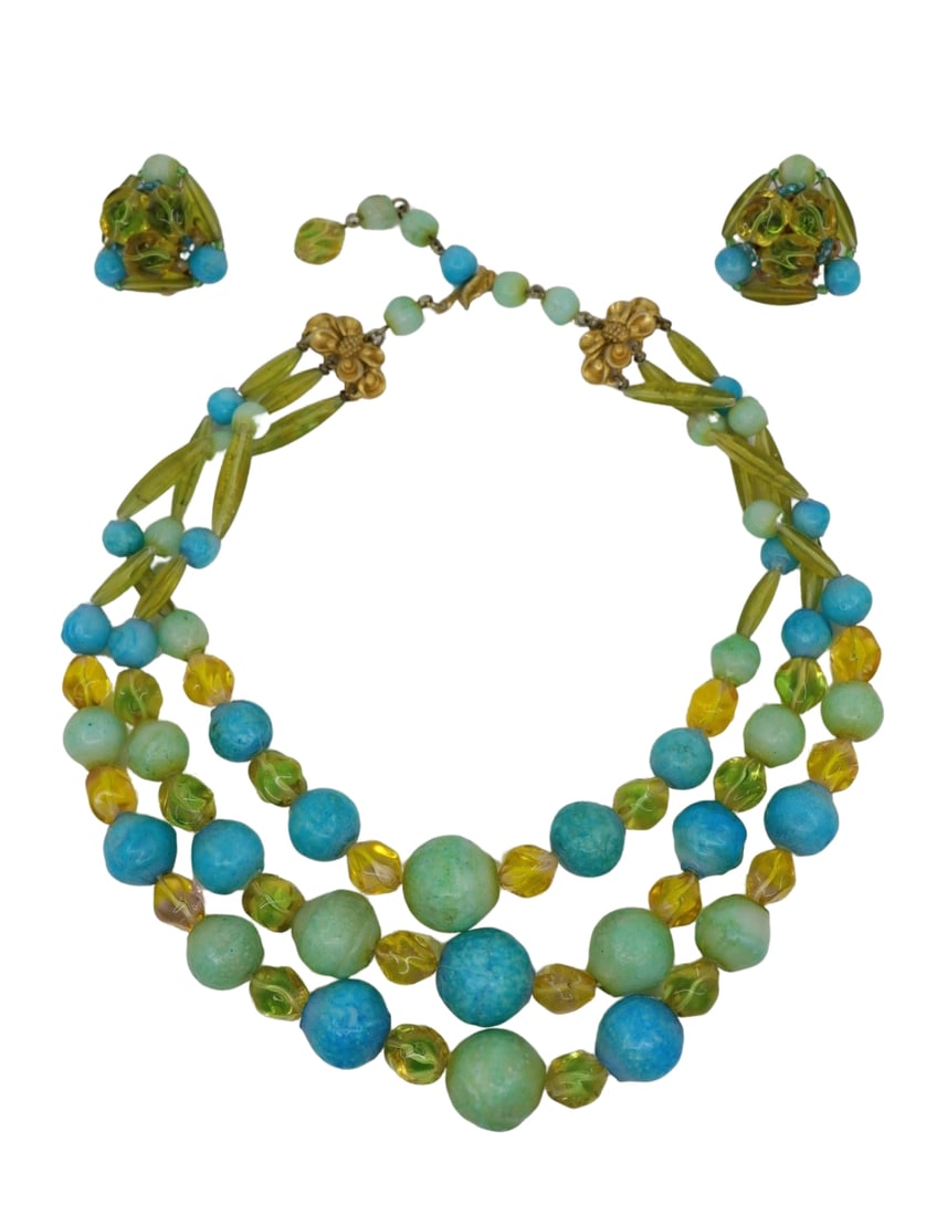 Schiaparelli Gold Tone Blue Apple Green Necklace & Earring Set (1 of 14)