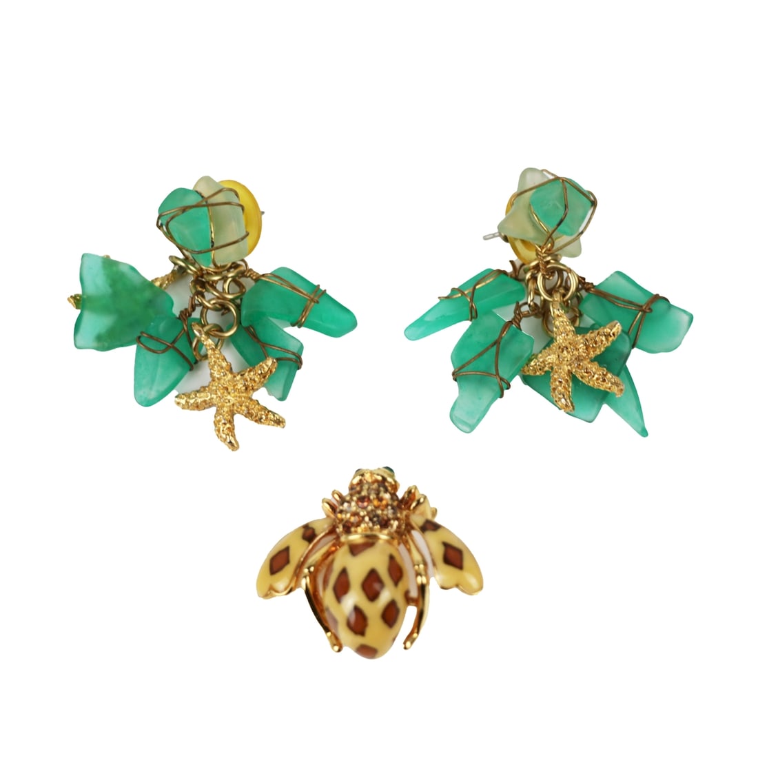 Joan Rivers Gold Tone Rhinestone Bee Brooch & Sea Glass Gold Tone Starfish Earring (1 of 14)