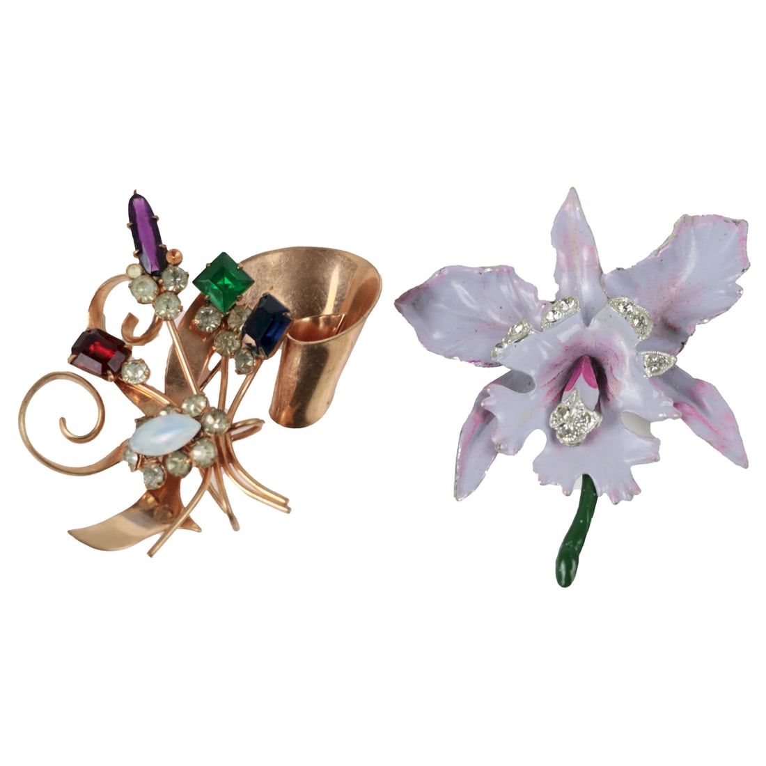 Vintage Reninad Enamel Orchid Brooch Pin & Gold Tone Color Stone Flower Brooch Pin (1 of 11)