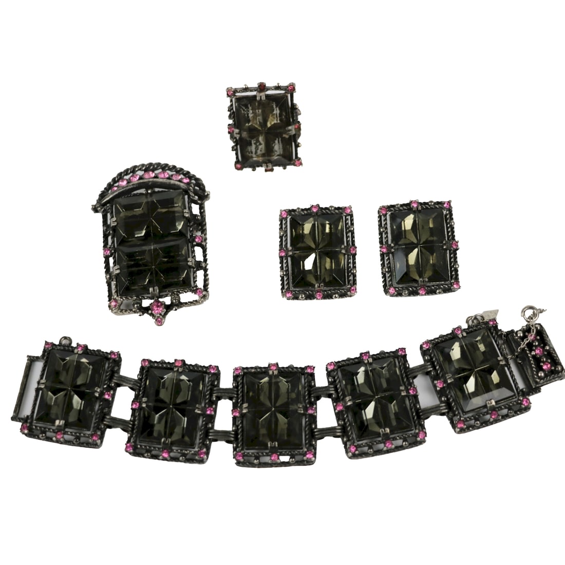 SAC Black Silver Tone Crystal Pink Rhinestone Jewelry Set ( Bracelet, Brooch Pin, Ring, Earring) (1 of 18)