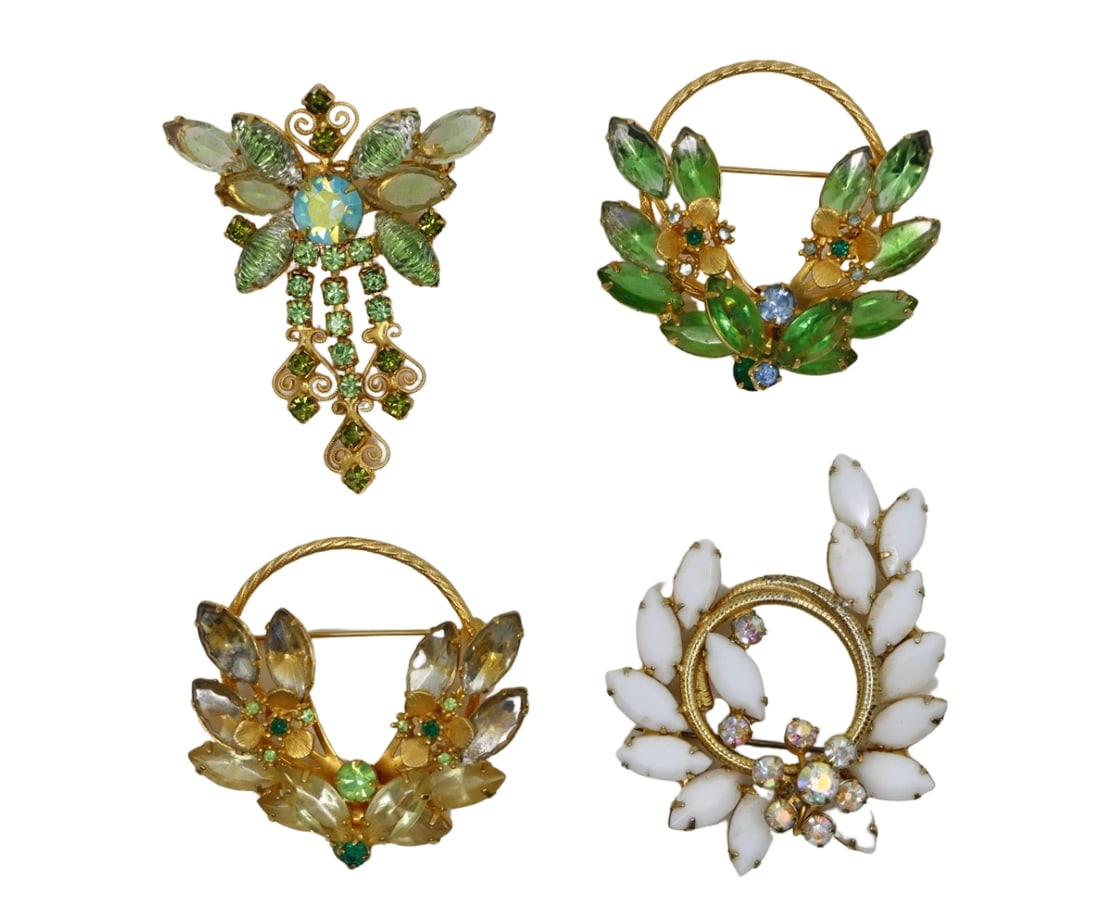 Four Gold Tone Green & Yellow & White Rhinestone Glass Brooch Pins (1 of 9)