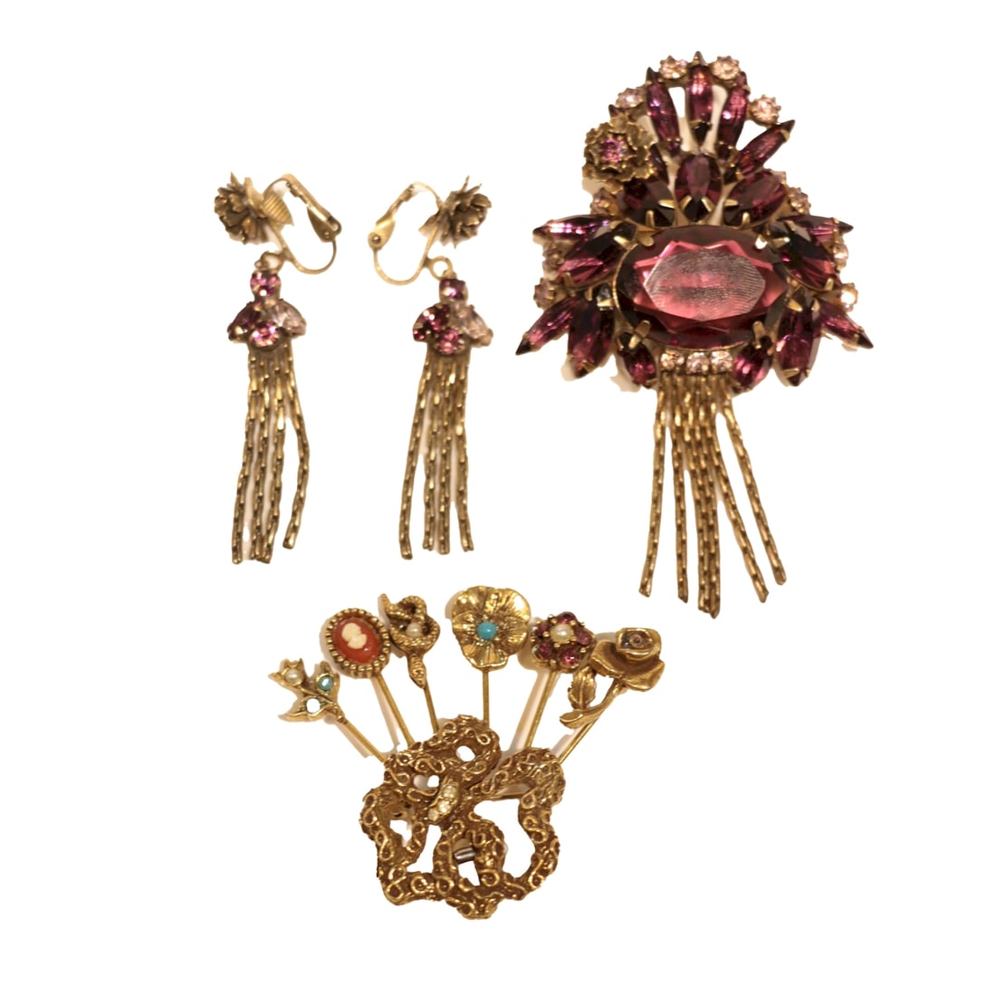Three Vintage Gold Tone Purple Glass Earring Brooch & Goldette Stick Pin Figural Brooch Pins (1 of 14)