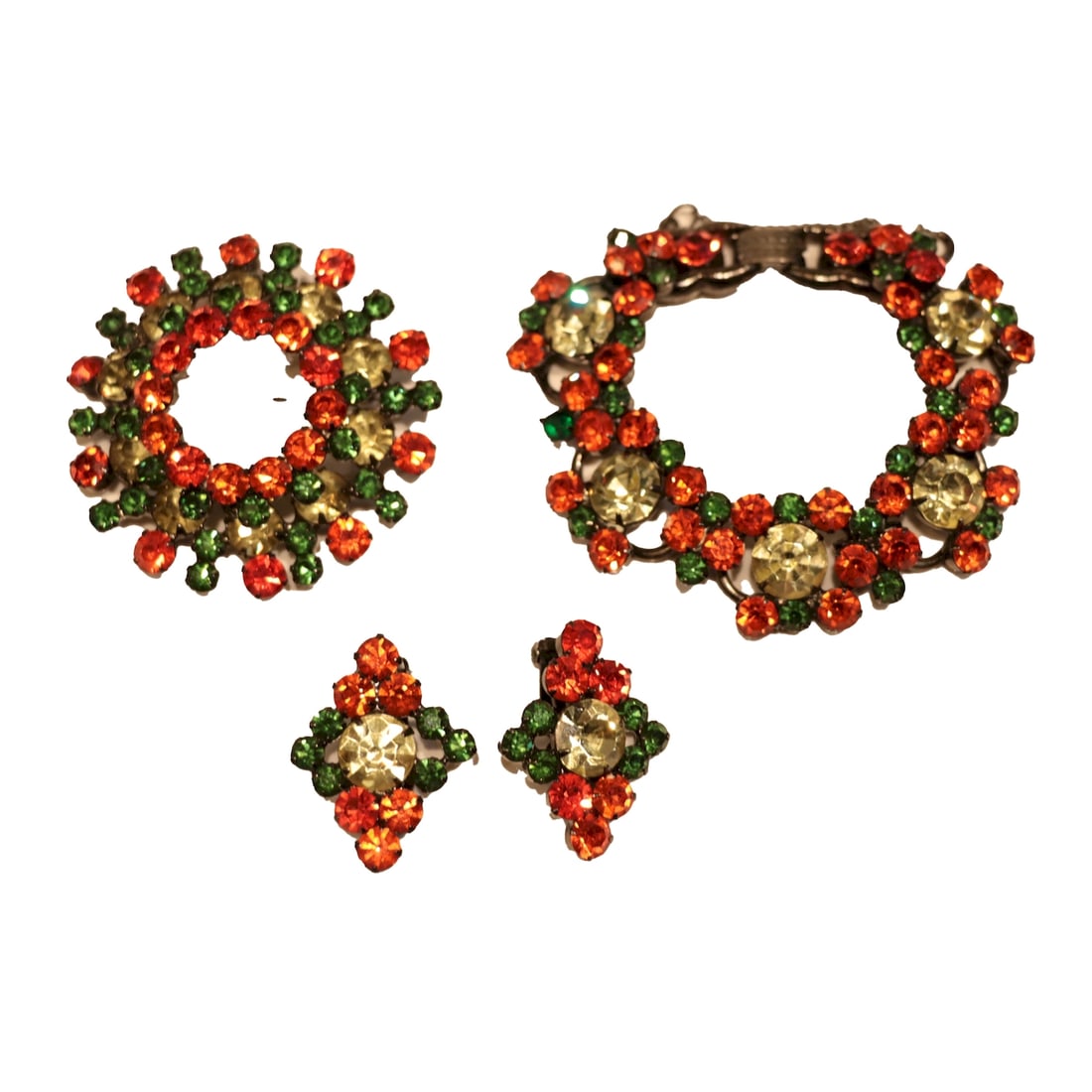 A Set of Black Silver Tone Orange & Green Rhinestone Bracelet & Brooch & Earring (1 of 11)