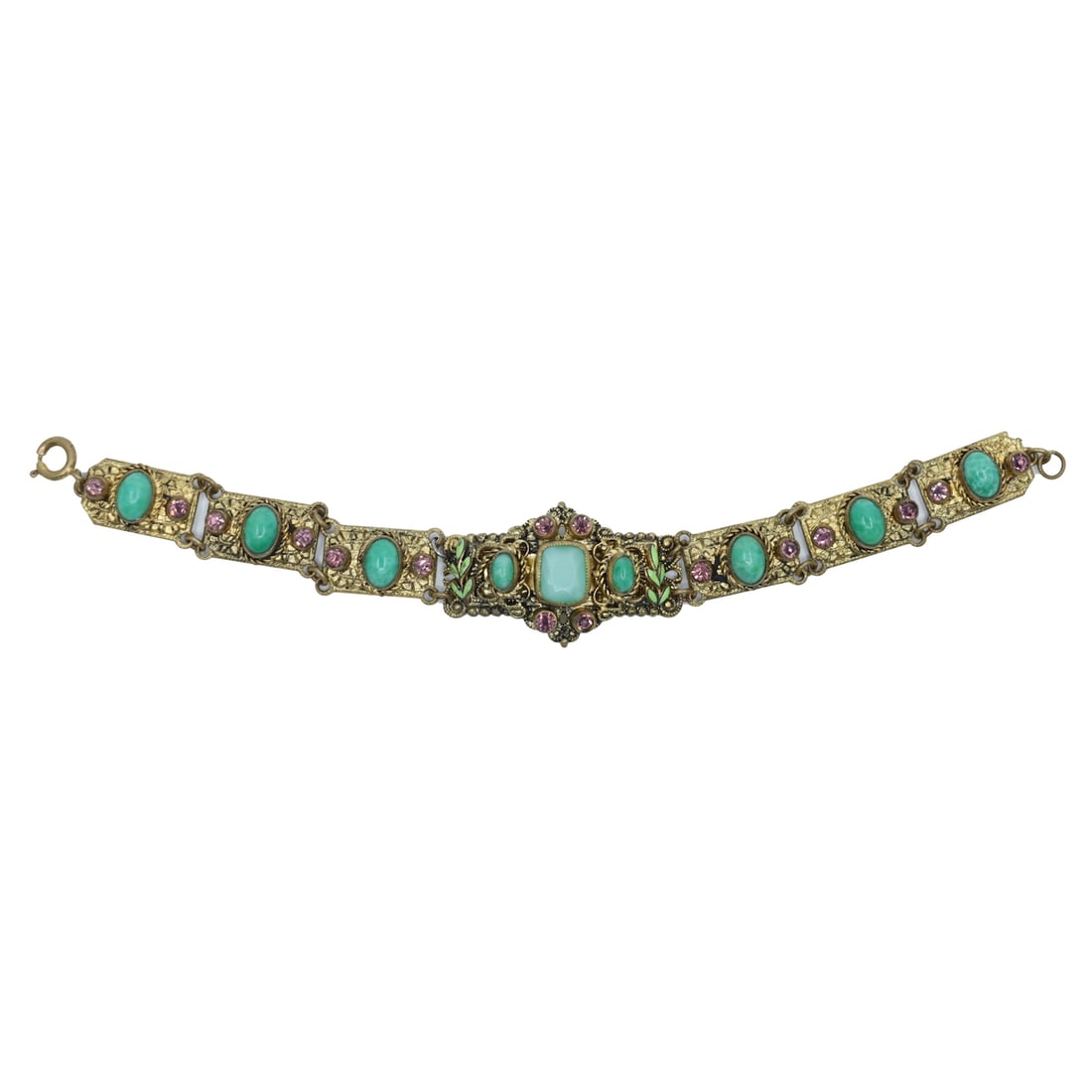 Vintage Hungary Gold Tone Rhinestone Green Cabochon Bracelet: Vintage Hungary Gold Tone Rhinestone Green Cabochon Bracelet Approximate Dimensions: 19 cm (Length) 1.2 cm -2.5 cm (Width) 25.3 grams in weight