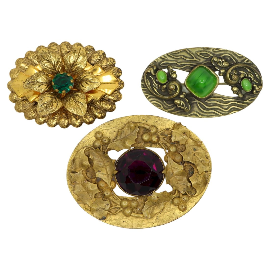 A Lot of Three Gold Tone Glass Rhinestone Flower Leaf Brooches (1 of 16)