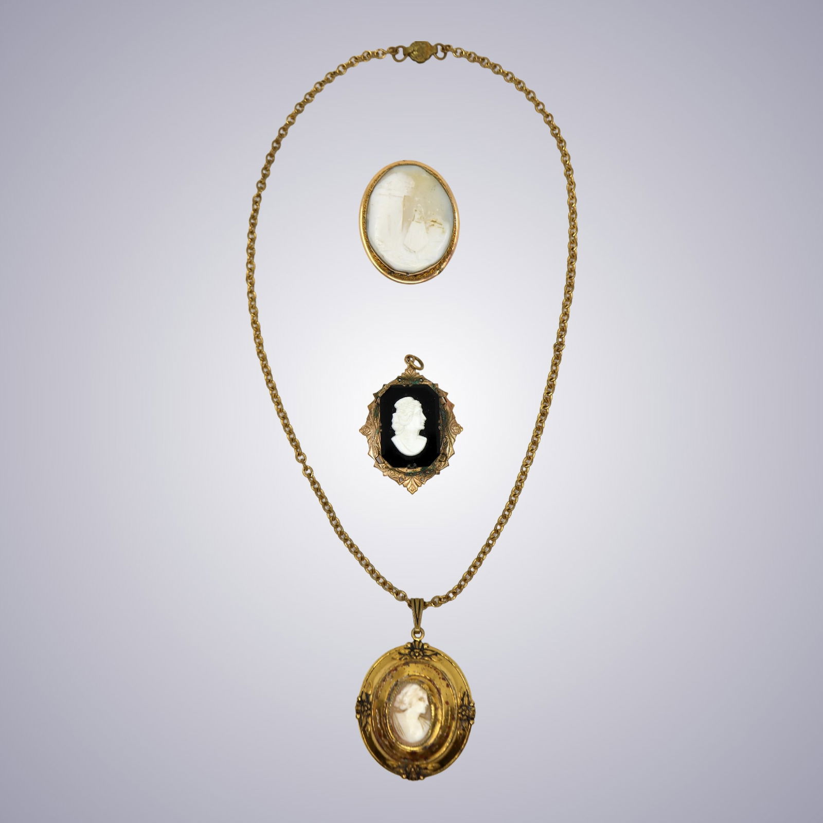 A Lot of Three Gold Filled Cameo Locket Pendant Brooch & Necklace (1 of 16)