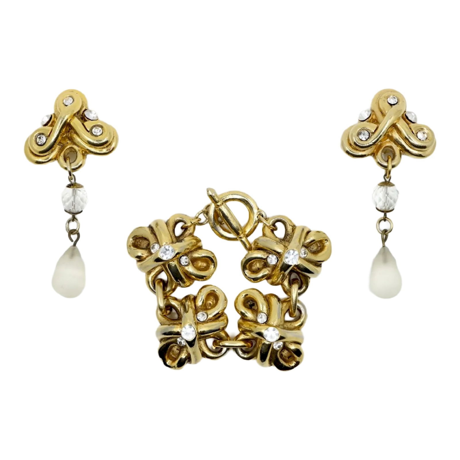 Vintage Claire Deve Paris Gold Tone Crystal Bracelet & Earrings Set: Vintage Claire Deve Paris Gold Tone Crystal Bracelet & Earrings Set Approximate Dimensions: Bracelet: 21.6 cm ( Length) 4 cm (Width) 58.9 grams in weight. Earrings: 9 cm (Length) 4 cm (Width) 40.3 gra