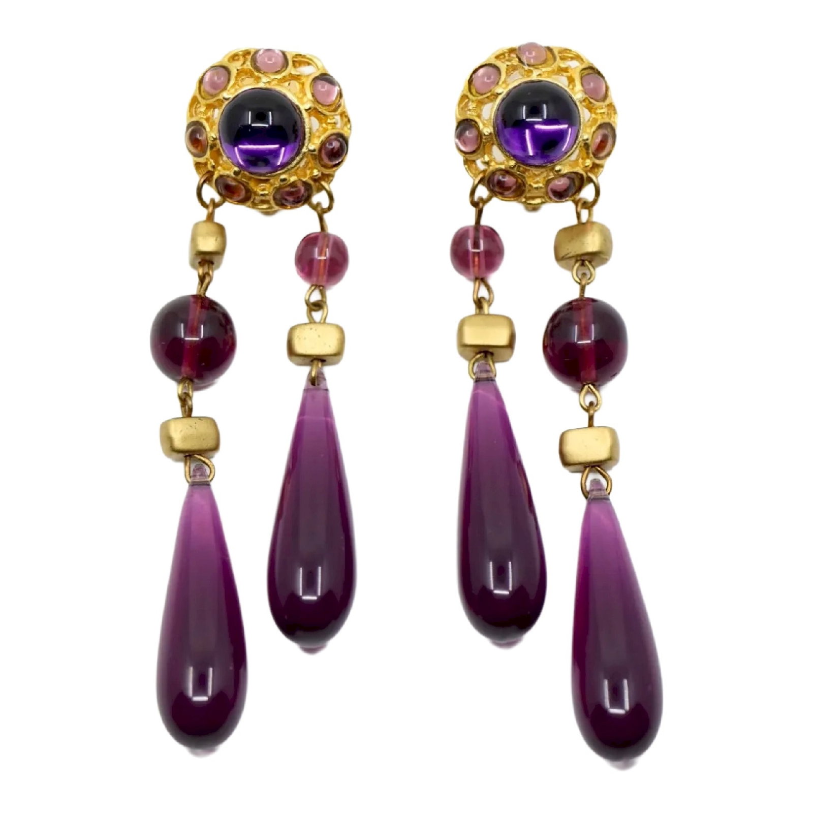 Vintage Les Bernard Faux Amethyst Earrings: Vintage Les Bernard Gold Tone Faux Amethyst Earrings Approximate Dimensions: 9.5 cm (Length) 2.2 cm (Width) 31.2 grams in weight.