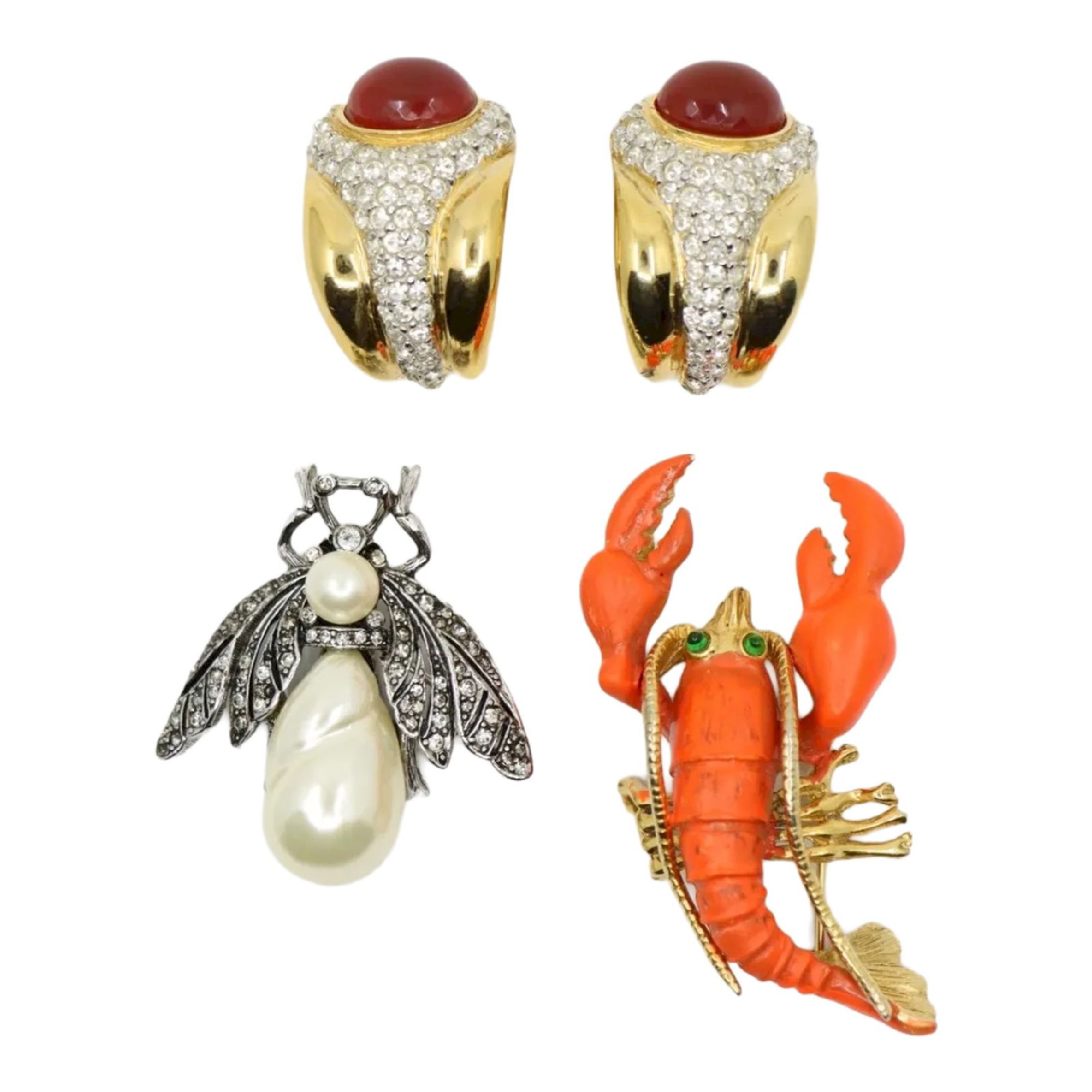 A Mixed Lot of Ciner Rhinestone Faux Pearl Bee Brooch and Earrings & Boucher Lobster Brooch (1 of 20)