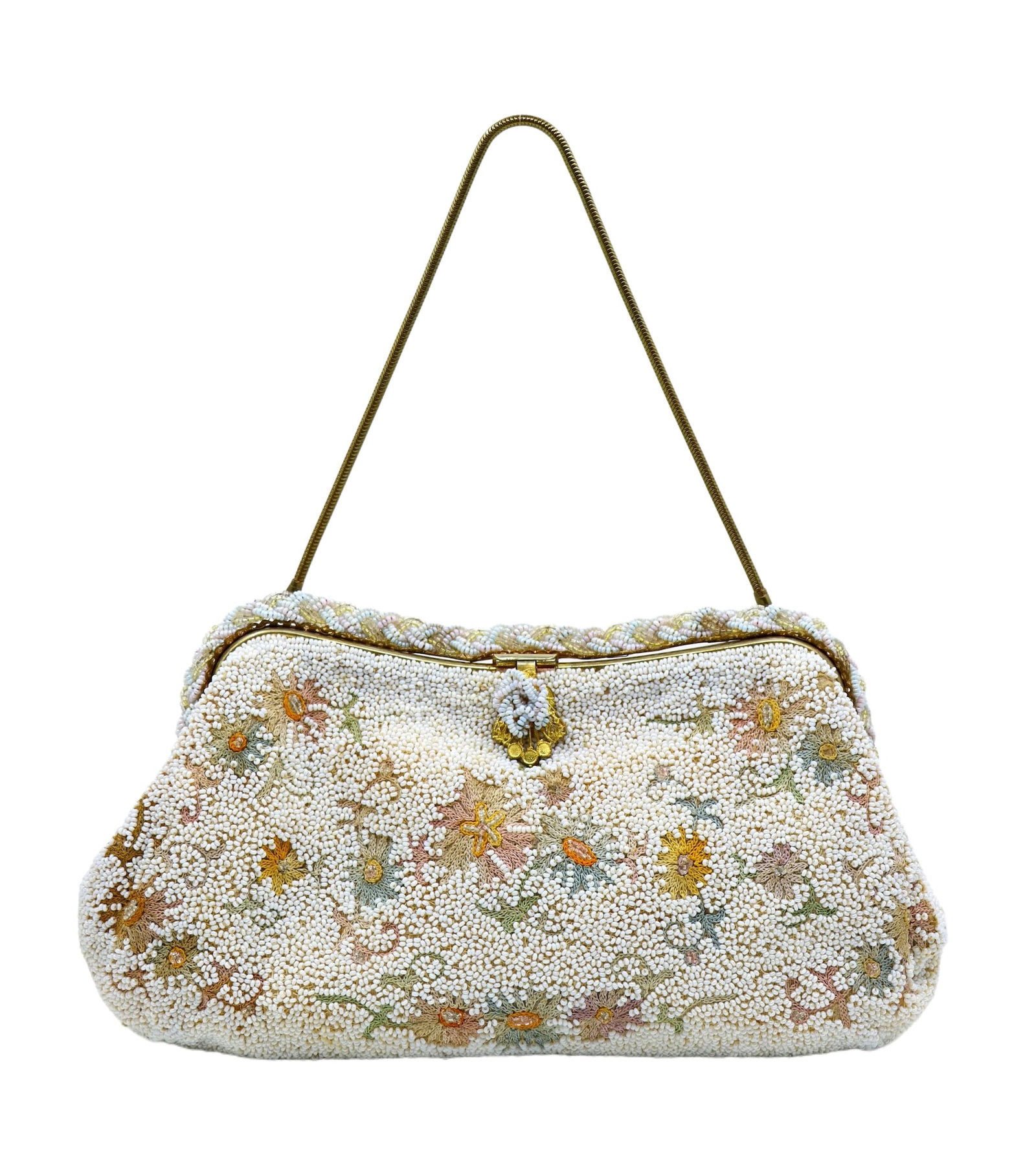 Vintage French Chunn Hand Made Embroidered White Bead Flower Handbag: Vintage French Chunn Hand Made Embroidered White Bead Flower Handbag Approximate Dimensions: 13 cm (Height) 23 cm (Length) 3 cm (Width) 259.3 grams in weight.