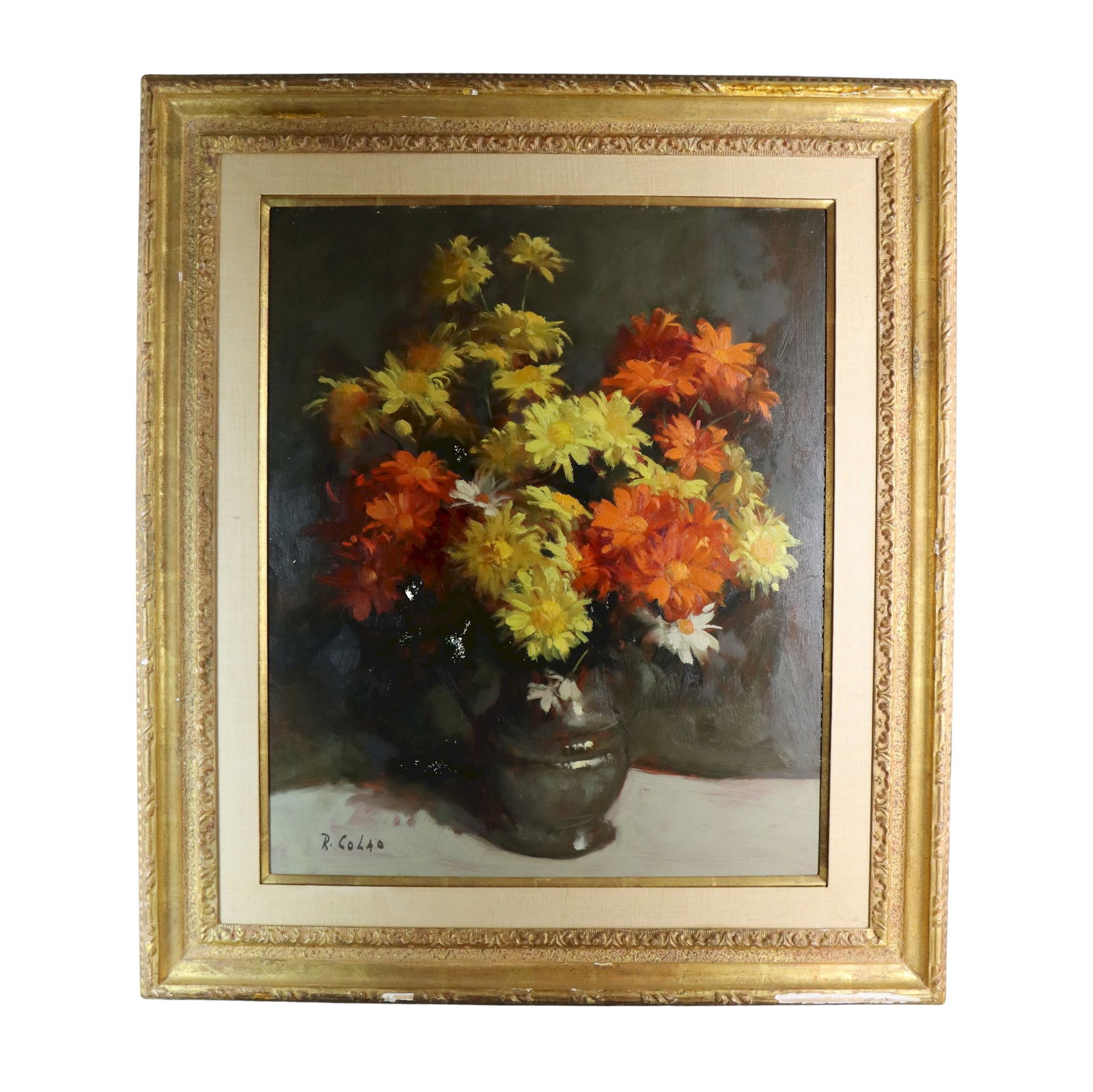 Oil Painting of Flowers Signed By Rudolph Colao: Oil Painting of Flowers Signed By Rudolph Colao Attributed to signed artist - R. Colao (Rudolph) Approximate Dimensions: 23.25 inches (Height) 19.25 inches (Width) 28.5 x 22.5 inches (Frame)