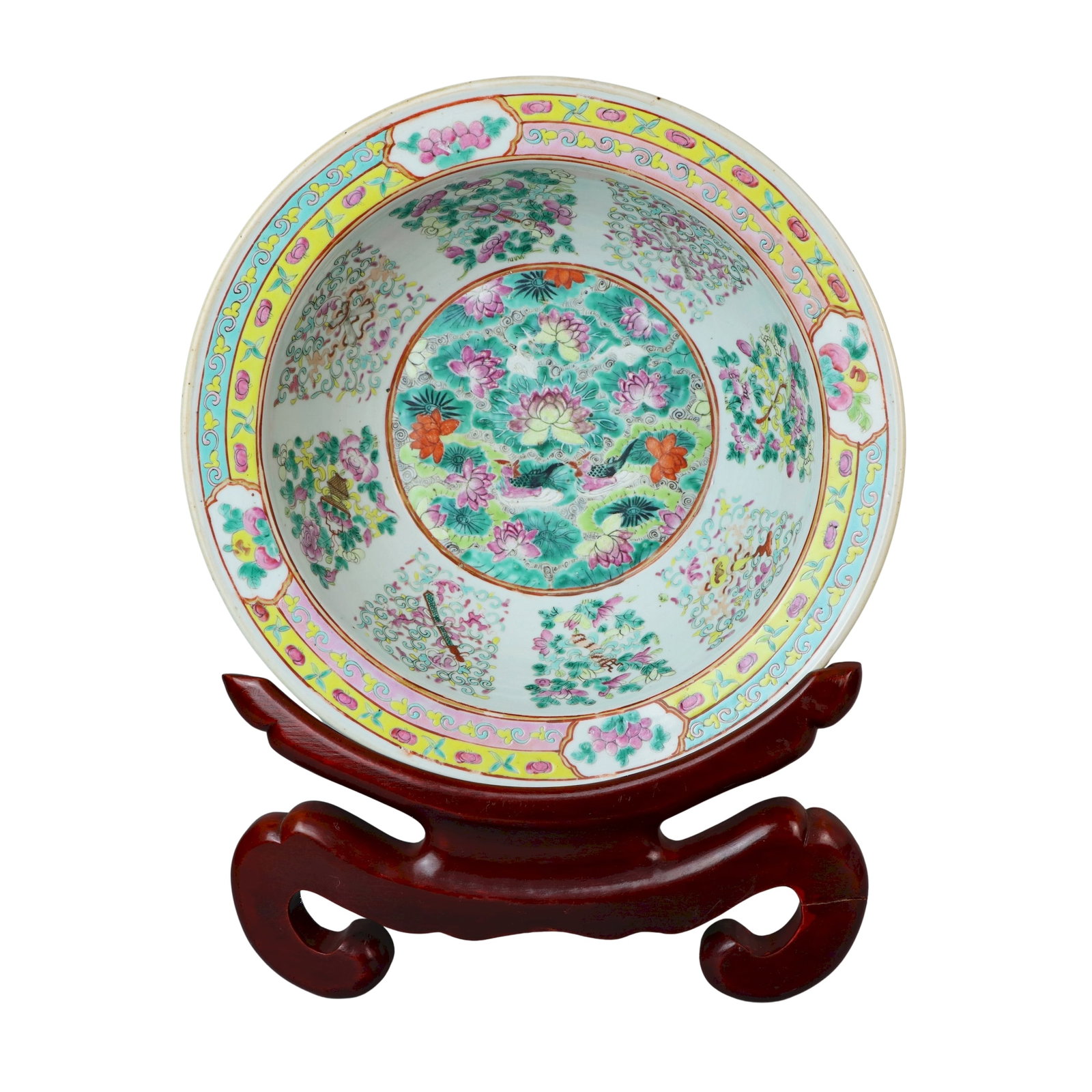 Chinese Famille Rose Porcelain Duck & Lotus Pond Punch Bowl: Chinese Famille Rose Porcelain Duck & Lotus Pond Punch Bowl Decorated in the center of the inner bowl with a scene of a pair of colorful Ducks swiming in a Lotus pond. The central scene is bordered on