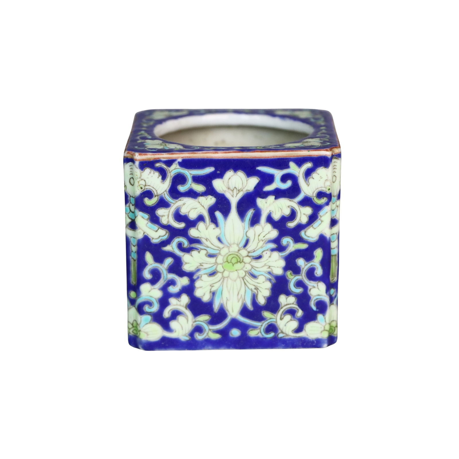 Chinese Blue-Ground 'Lotus & Bats' Enameled Porcelain Brush Pot (1 of 10)