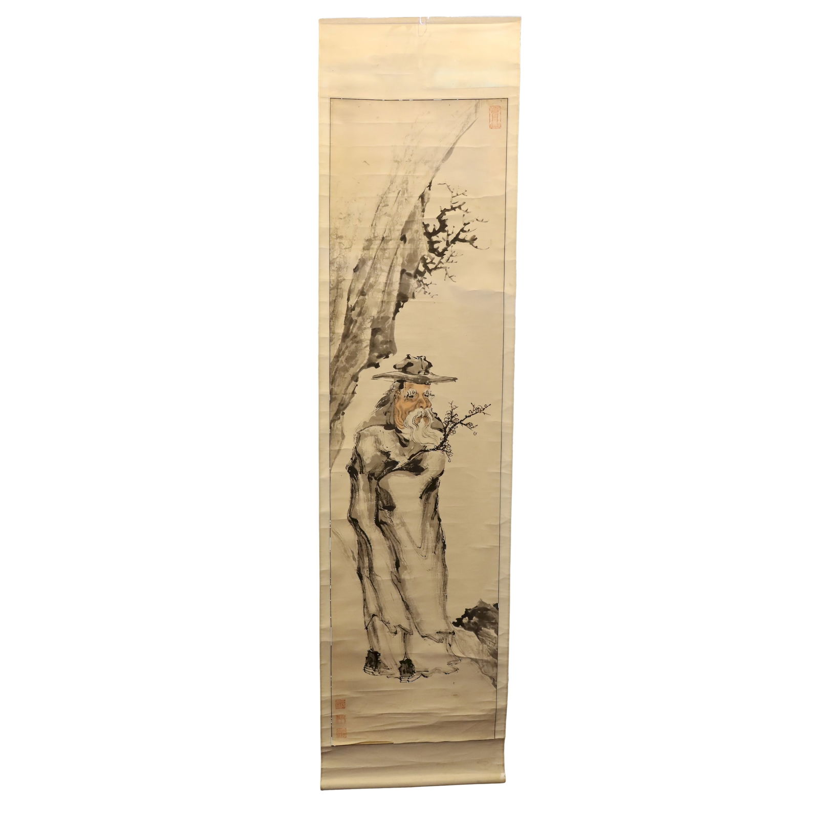 Chinese Old Man with Blossoms Portrait Painting On Scroll (1 of 8)