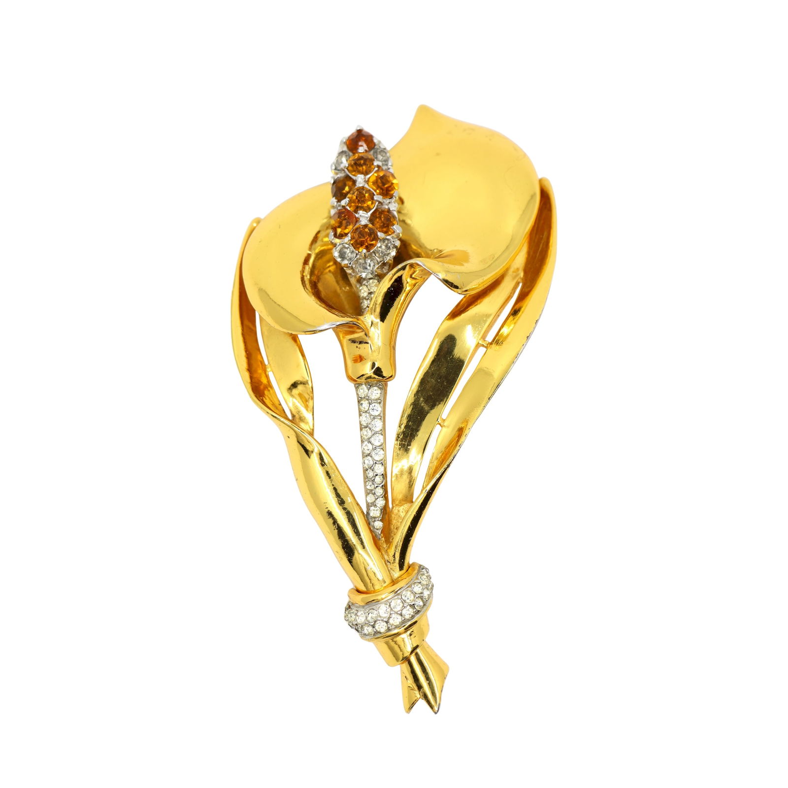 Large & Rare Coro Gold Tone Rhinestone Tulip Brooch: Large & Rare Coro Gold Tone Rhinestone Tulip Brooch Approximate Dimensions: 4.35 inches (Length) 2.25 inches (Width) 65.0 grams in weight