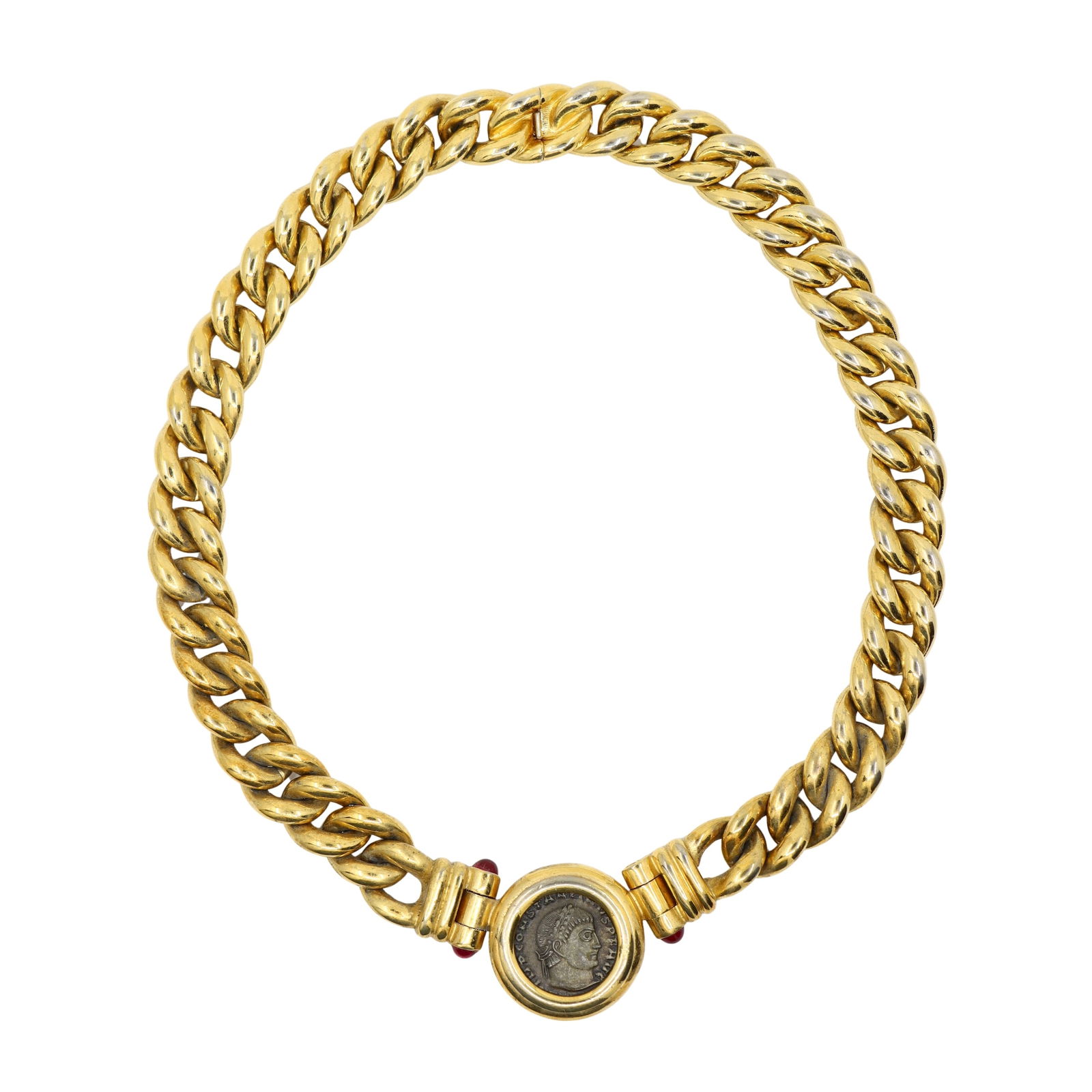 Vintage Bulgari Style Ciner Gold Tone Chunky Chain Coin Necklace: Vintage Bulgari Style Ciner Gold Tone Chunky Chain Coin Necklace Approximate Dimensions: 17.25 inches (Length) 1.125 inches (Width) 105.1 grams in weight