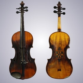 A VIOLIN WITH FLEUR DE LIS INLAID BACK & BOW STAMPED LUPOT