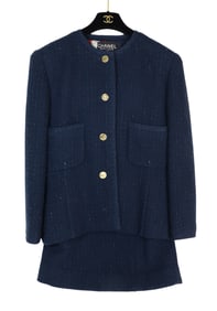 VINTAGE CHANEL 2001 NAVY TWEED RED GEOMETRIC PATTERN JACKET SUIT