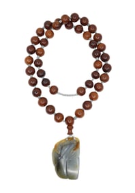 CHINESE JADE CARVED PENDANT WOOD BEAD NECKLACE