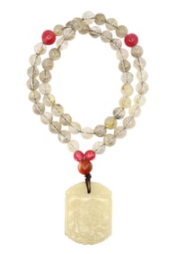 CHINESE JADE CARVED PLAQUE PENDANT AND BEAD NECKLACE