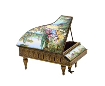 19TH CENTURY FRENCH ENAMELED & GILT BRONZE GRAND PIANO FORM BOX