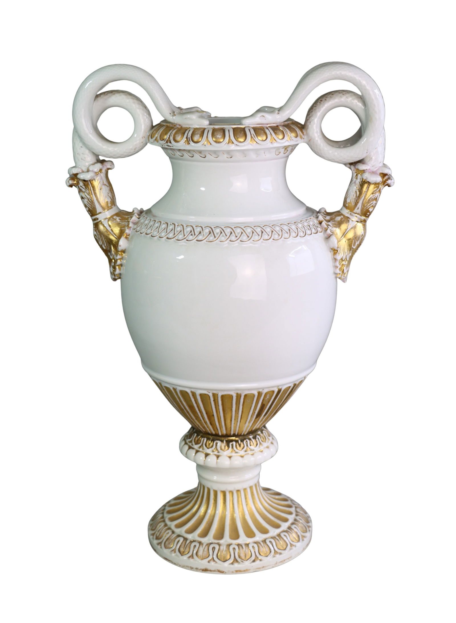 19TH CENTURY NEOCLASSICAL MEISSEN GOLD & WHITE SERPENT HANDLE AMPHORA PORCELAIN VASE: 19TH CENTURY NEOCLASSICAL MEISSEN GOLD & WHITE SERPENT HANDLE AMPHORA PORCELAIN VASE A finely crafted 19th century neoclassical amphora vase by Meissen, executed in white porcelain with gilt decoratio