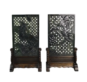 PAIR OF CHINESE CARVED LOTUS & MONKEY JADE SCREENS