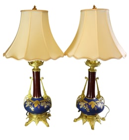 PAIR OF 19TH CENTURY GILT MOUNTED ENAMEL PORCELAIN VASE LAMPS